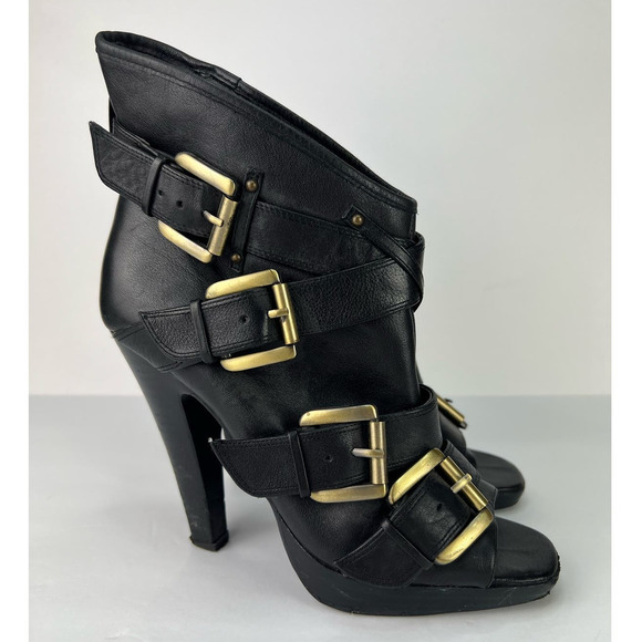 ALDO Womens Black Leather Buckle Open Toe Platform Booties Stiletto Heels 38/7.5 - Picture 2 of 9